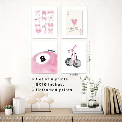 Pink Coquette Trendy Preppy Wall Art Prints Set of 4, Coquette Room Decor, Preppy Room Decor Aesthetic, Pink Bow Disco 8 Ball Cherry Wall Decor Posters for Girls Bedroom Dorm, 8X10 Unframed