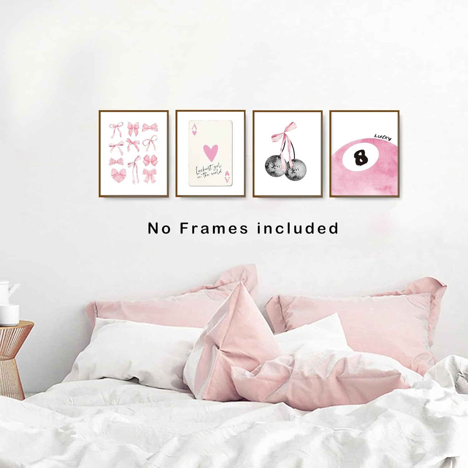 Pink Coquette Trendy Preppy Wall Art Prints Set of 4, Coquette Room Decor, Preppy Room Decor Aesthetic, Pink Bow Disco 8 Ball Cherry Wall Decor Posters for Girls Bedroom Dorm, 8X10 Unframed