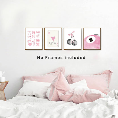 Pink Coquette Trendy Preppy Wall Art Prints Set of 4, Coquette Room Decor, Preppy Room Decor Aesthetic, Pink Bow Disco 8 Ball Cherry Wall Decor Posters for Girls Bedroom Dorm, 8X10 Unframed