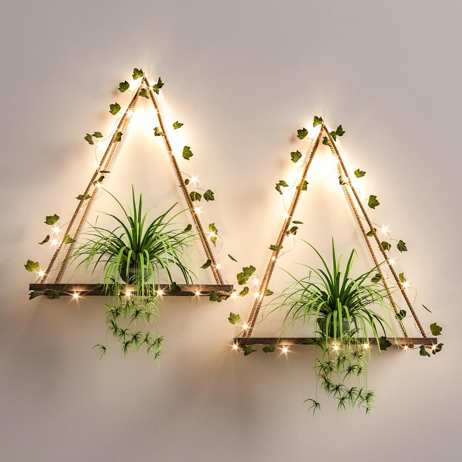 Artificial Ivy Led-Strip Wall Hanging Shelves Set of 2, Macrame Shelf for Bedroom Bathroom Living Room Kitchen, Wood Hanging Plant Shelves for Wall Décor