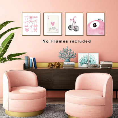 Pink Coquette Trendy Preppy Wall Art Prints Set of 4, Coquette Room Decor, Preppy Room Decor Aesthetic, Pink Bow Disco 8 Ball Cherry Wall Decor Posters for Girls Bedroom Dorm, 8X10 Unframed